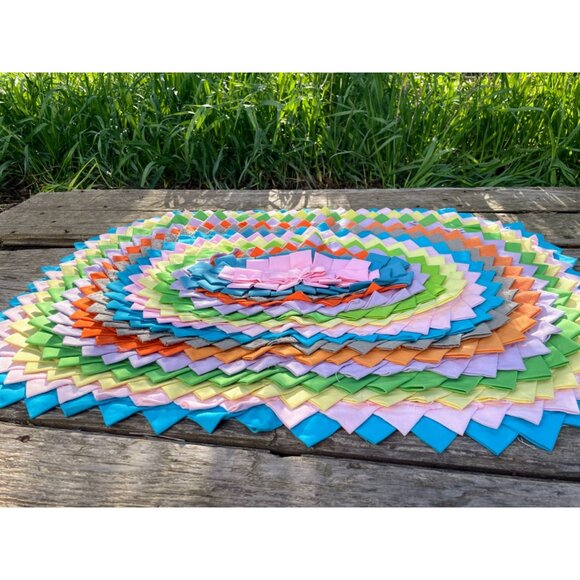 Vintage 1960s Linen Fabric Pleated Rag Accent Oval Rug MOD - Picture 2 of 16